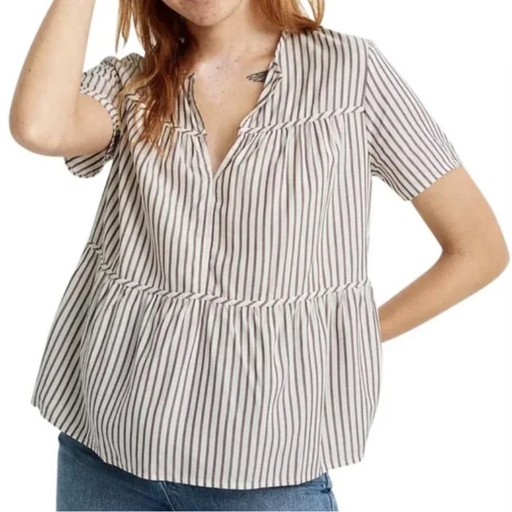 Madewell Brown & White Striped Seams Popover Short sleeve blouse